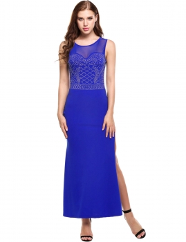 

Blue Sleeveless Mesh Patchwork O Neck Mermaid Dress, Multicolor