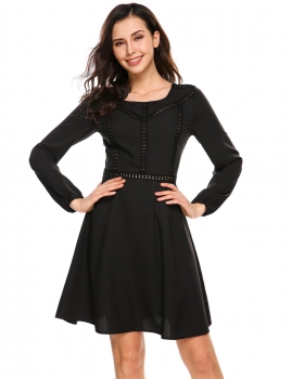 

Black Long Sleeve Solid Hollow Out A-Line Dress, Multicolor