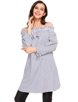 

Dark blue Stripes Off the Shoulder Long Sleeve Tunic Top, Multicolor