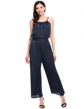 

Navy blue Sleeveless Spaghetti Strap Solid Wide Leg Long Cami Jumpsuit with Belt, Multicolor