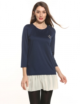 

Blue Women Casual Long Sleeve Chiffon Patchwork O Neck Straight Dress, Multicolor