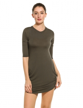 

Army green O-Neck Three Quarter Sleeve Solid Side Pleated Pullover Casual Dresses, Multicolor