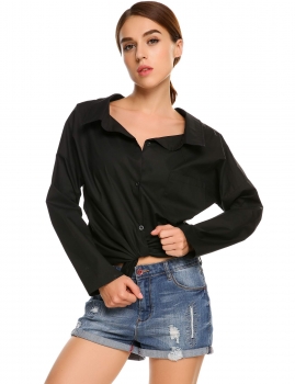 

Back Steel Ring Long Sleeve Loose Solid Hollow Out Button Down Shirt, Multicolor