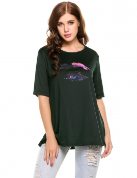 

Army green Colorful Eye Printed Short Sleeve Crew Neck Loose A-Line Loose T-Shirt, Multicolor