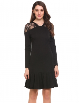 

Black V-Neck Long Sleeve Patchwork Lace Pleated Hem Dress, Multicolor