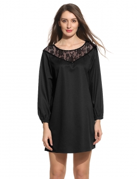 

Women Casual O-Neck Long Lantern Sleeve Lace Patchwork Hollow Out Pullover Loose Dress, Multicolor