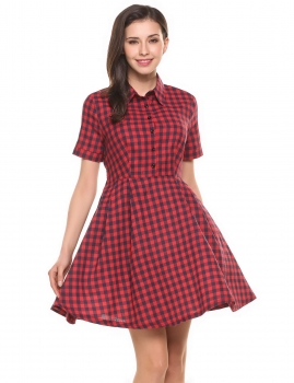 

Red Short Sleeve Half Button Plaid Shirt Casual Dress, Multicolor