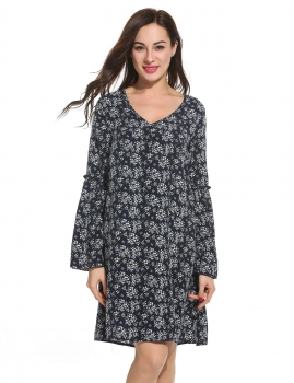 

Women Casual Flare Sleeve Print V Neck Pullover Loose Dress, Multicolor