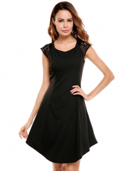 

Black Lace Hollow Out Sleeve Patchwork A-Line Dress, Multicolor