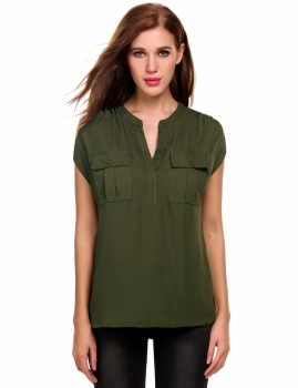 

Army green Sleeveless Stand Collar Solid Mixed Media Loose Pullover Utility Tops, Multicolor