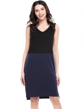 

Navy blue V-Neck Sleeveless Patchwork Side Split Asymmetrical Hem Tank Casual Dress, Multicolor