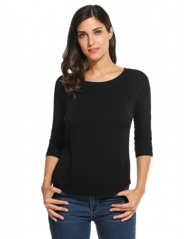 

Lace Patchwork 3"4 Sleeve O-Neck Solid Basic T-Shirts, Multicolor
