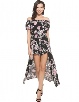 

Black New Women Sexy Slash Neck Off the Shoulder Prints Bodysuit Jumpsuit with Long Split Hem, Multicolor