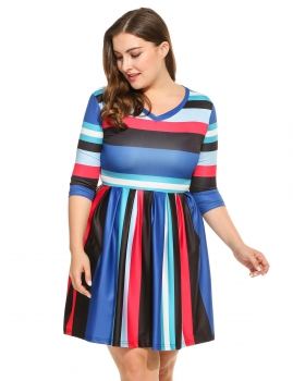 

Multicolor Striped Women Casual V-Neck 3"4 Sleeve Printing Mini Pleated Dress