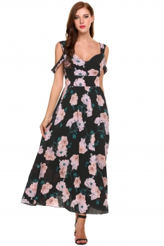 

Black V-Neck Sleeveless Floral Prints Backless Pleated Casual Dress, Multicolor
