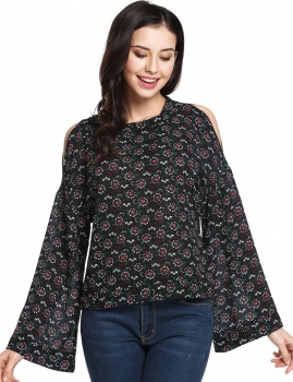 

Black O-Neck Long Sleeve Print Loose Cold Shoulder Pullover Sweatshirt, Multicolor