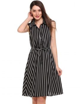 

Black Sleeveless Striped Button Down Shirt Tank Loose Dress, Multicolor