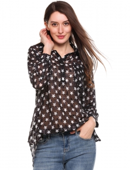 

Black Loose Chiffon Button Down Collar Print Pocket Long Sleeve Shirt, Multicolor