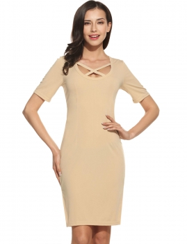 

Beige Women Casual Short Sleeve Solid O Neck Slim Pencil Dress, Multicolor
