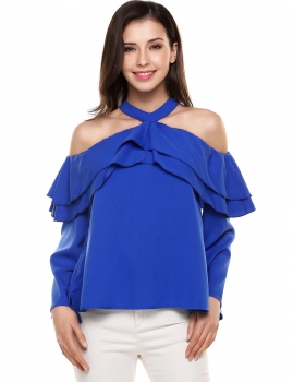 

Blue Halter Neck Solid Loose Ruffles Sexy Long Sleeve Tops, Multicolor