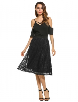 

Women Elegant High Waisted Floral Lace Pleated Midi Skirt, Multicolor