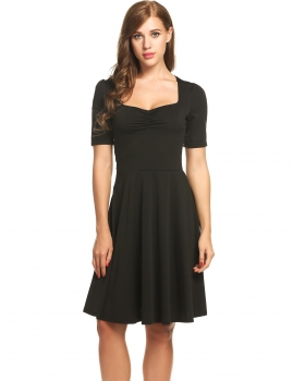 

Black Women V-Neck Short Sleeve Solid A-line Pleated Tunic Pullover Elastic Slim Casual Dresses, Multicolor