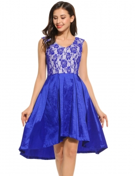

Blue Casual Sleeveless Lace V Neck Patchwork Vintage Style Swing Dress, Multicolor
