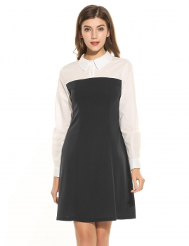 

Black New Women Doll Collar Long Sleeve Slim Patchwork MIni Dress, Multicolor