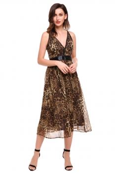 

Leopard Leopard Plunge Neck Pleated A-Line Dress with Lining, Multicolor