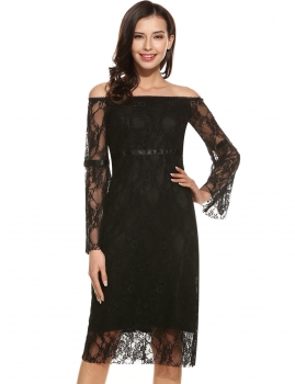 

Black Women Casual Long Sleeve Lace Patchwork Off the Shoulder Pencil Dress, Multicolor