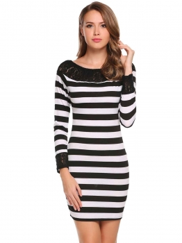 

Black Long Sleeve Lace Patchwork Stripes Bodycon Dress, Multicolor