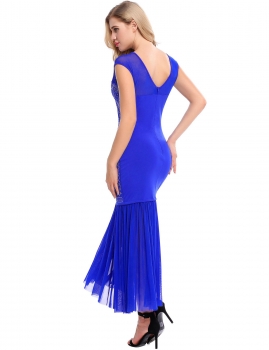 

Blue Mesh Patchwork Rhinestone Embellished Prom Maxi Dress, Multicolor