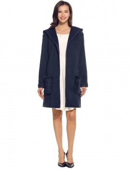

Dark blue Casual Hooded Long Cuffed Sleeve Solid Woolen Coat with Faux Fur Pocket, Multicolor