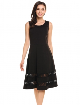 

Black Sleeveless Lace Patchwork Fit and Flare A-Line Casual Dress, Multicolor
