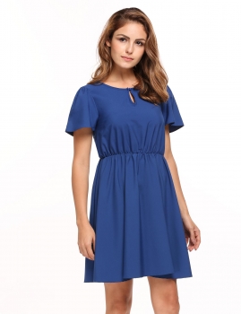 

Blue Short Sleeve Round Neck Keyhole Solid Dress, Multicolor