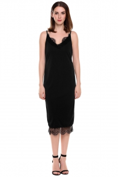 

Black Strap V-Neck Sleeveless Lace-Trimmed Bodycon Going Out Dress, Multicolor