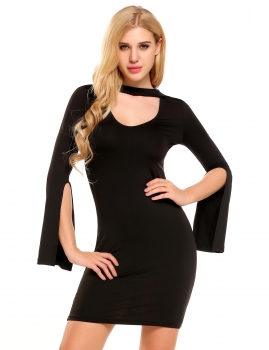 

Black Long Slit Sleeve Solid Bodycon Slim Mini Dress, Multicolor