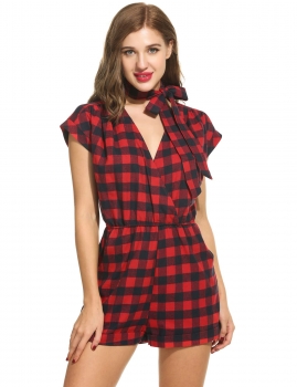 

Red V-Neck Short Sleeve Belted Plaid Pocket Romper, Multicolor
