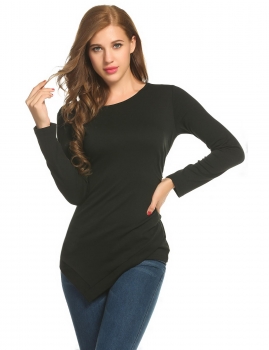 

Side Draped Irregular Hem Solid Long Sleeve Slim Basic Fit Tops, Multicolor