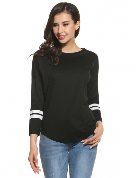 

Drop-Shoulder Side Slit 3"4 Sleeve Contrast Color Cotton T-Shirt, Multicolor
