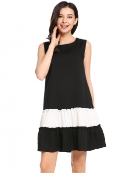 

Black Sleeveless Patchwork Zip-up Comfy O Neck A-Line Casual Dress, Multicolor
