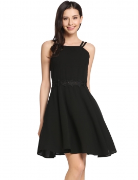 

Black Lace Patchwork Square Neck Backless Spaghetti Strap Going Out Dress, Multicolor