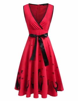 

Red Sleeveless Print Cross Front V Neck Flare Dress, Multicolor