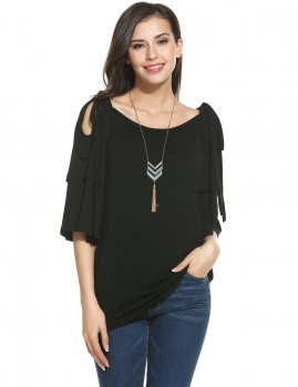 

Black O-Neck Half Ruffle Sleeve Cold Shoulder Adjustable Tunics, Multicolor