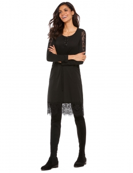 

Black Long Sleeve Lace Patchwork Loose Dress, Multicolor