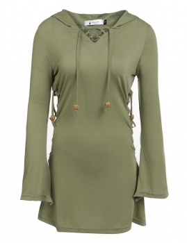 

Army green V-Neck Long Sleeve Solid Lace Up Hoodie Mini Dress, Multicolor