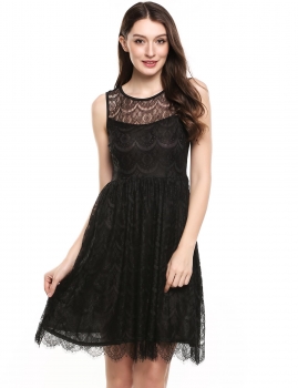 

Black O-Neck Sleeveless Floral Lace Tunic Tank Lace Party Dress, Multicolor