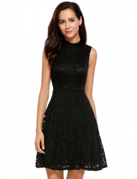 

Black Sleeveless Buttons Front Lace A-Line Dress, Multicolor