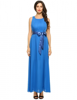 

Blue Women's Sexy Sleeveless Solid Prom Party Chiffon Long Maxi Dress with Belt, Multicolor