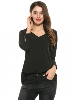 

Double V-Neck A-line Long Sleeve Solid Pullover Blouses, Multicolor